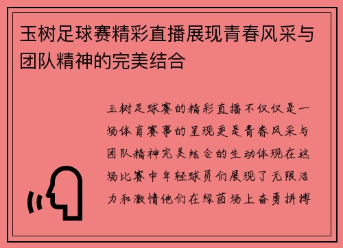 玉树足球赛精彩直播展现青春风采与团队精神的完美结合